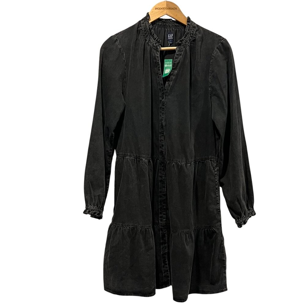 GAP Tiered Black Denim Long Sleeved Mini Dress, NWT, M